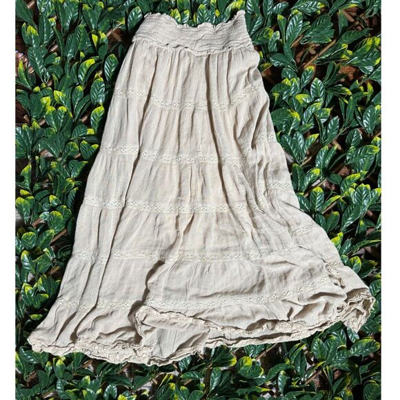 In Loom Bohemian Tan Tiered Flowy Midi Skirt Size Small - Picture 3 of 5